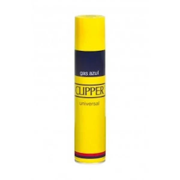 Envase alargado de gas Clipper con tapón amarillo, cuerpo amarillo y franja azul oscura con el texto «gas azul», sobre fondo blanco.