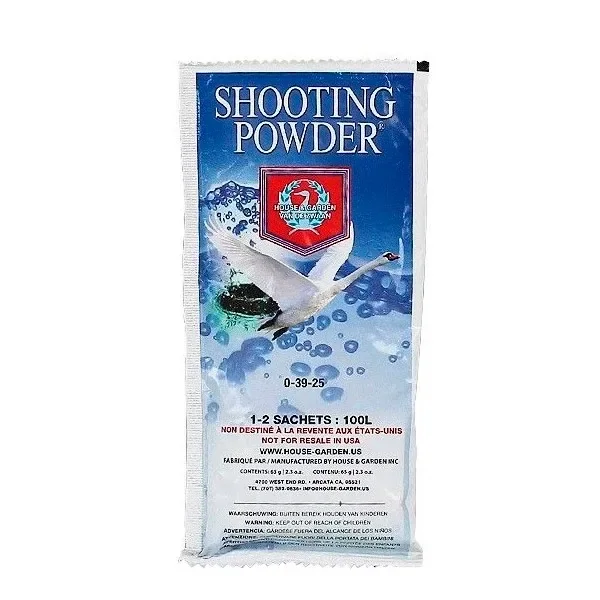 Sobre de Shooting Powder House & Garden en tonos azules, con un cisne blanco, escudo rojo y la fórmula 0-39-25.