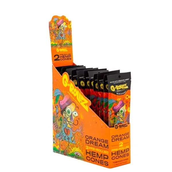 Expositor naranja de conos G-Rollz Hemp Orange Dream, con sobres negros ilustrados y la indicación de dos conos por sobre.