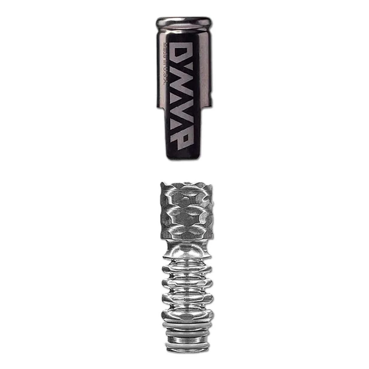 DynaVap M Cap & Bowl presentado en dos piezas separadas: tapa con logotipo arriba y pieza plateada con relieves y anillos debajo, sobre fondo blanco.