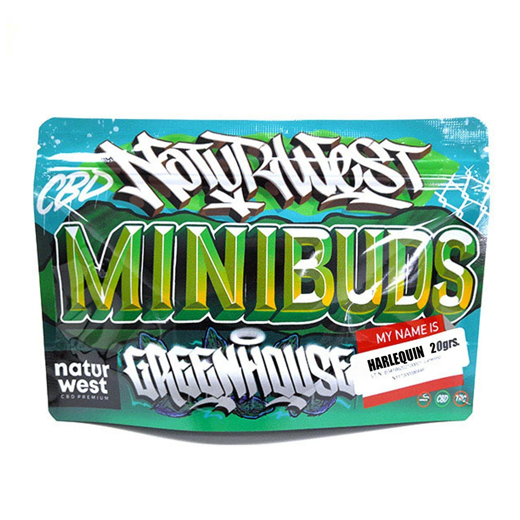 Bolsa Naturwest Mini Buds Harlequin con diseño verde y turquesa, letras de estilo grafiti y etiqueta blanca de 20 gramos.