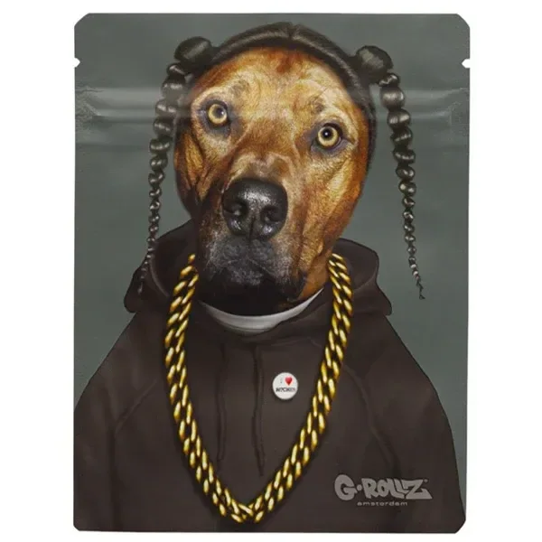 Bolsa G-Rollz Pets Rock Rap con un perro ilustrado con trenzas, sudadera oscura y cadena dorada sobre fondo gris.