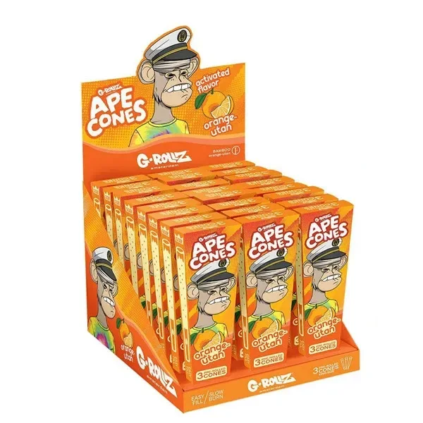 Expositor naranja de conos G-Rollz Ape Orange con varias cajas ilustradas con un simio con gorra de capitán y motivos de naranjas.