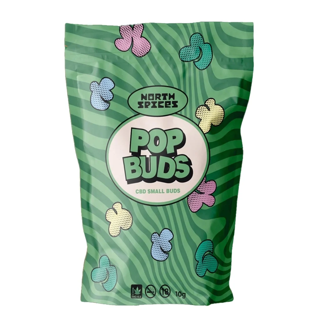 Bolsa verde North Spices Pop Buds Amnesia, con ondas, motivos de colores y etiqueta central «Pop Buds CBD Small Buds».