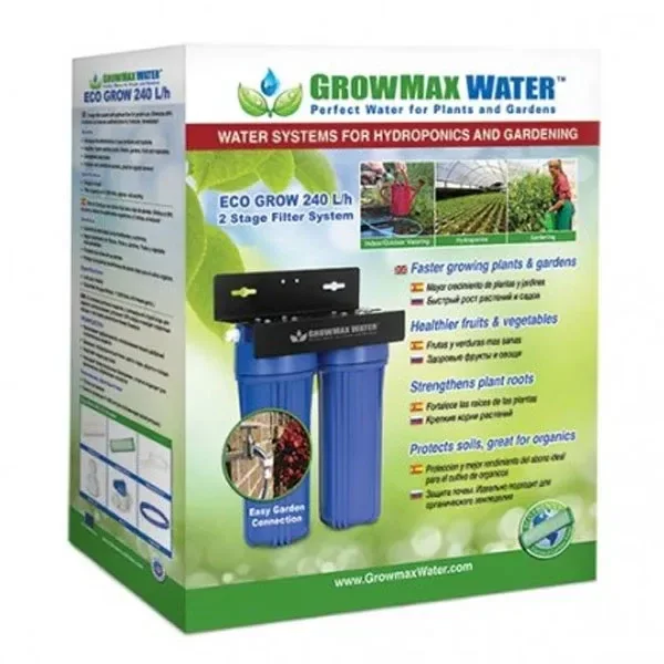 Caja del filtro Growmax Water Eco Grow 240 L/h, con la indicación de dos etapas y una representación del equipo con carcasas azules. Caja del filtro Growmax Water Eco Grow 240 L/h, con la indicación de dos etapas y una representación del equipo con carcasas azules.