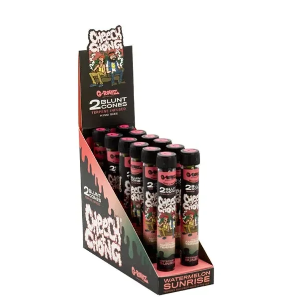 Expositor G-Rollz Cheech & Chong Watermelon Sunrise con varios tubos de tapón negro y etiquetas ilustradas en rosa, verde y negro.