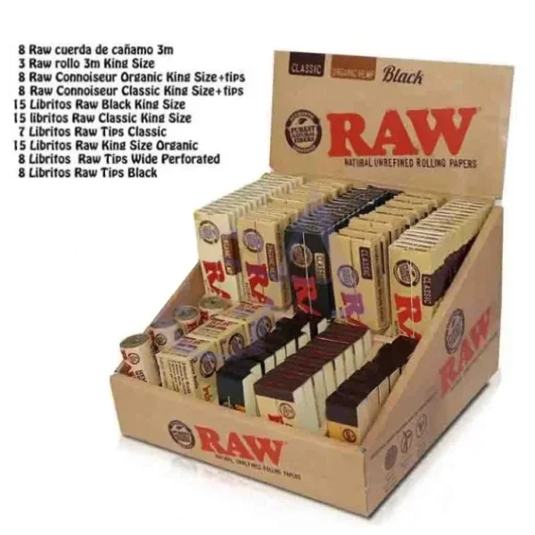 Caja expositora RAW abierta con librillos de papel y tips en distintos formatos, junto a una lista de su contenido.