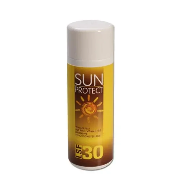 Bote de ocultación Sun Milk con apariencia de spray solar, tapa blanca y etiqueta amarilla y marrón con texto Sun Protect LSF 30.