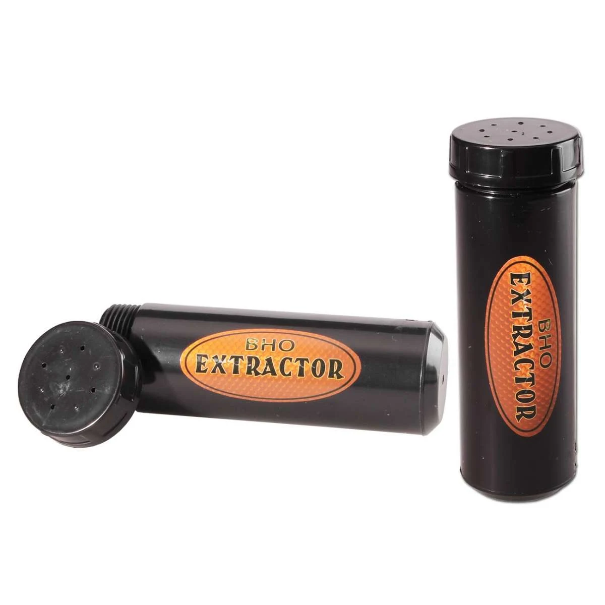 Extractor BHO Hash Maker negro, mostrado de pie y tumbado, con tapa perforada separada y etiqueta ovalada naranja.