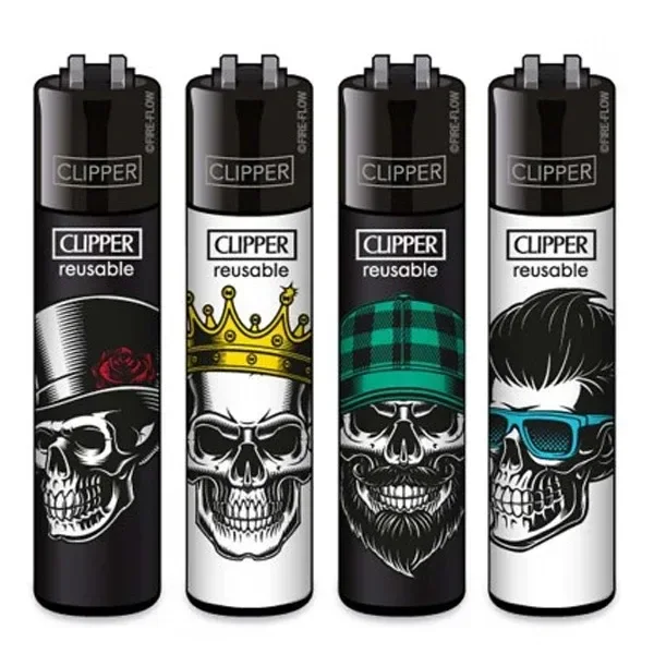 Selección de mecheros Clipper con calaveras: con sombrero de copa, corona, gorra de cuadros verde y gafas azules.