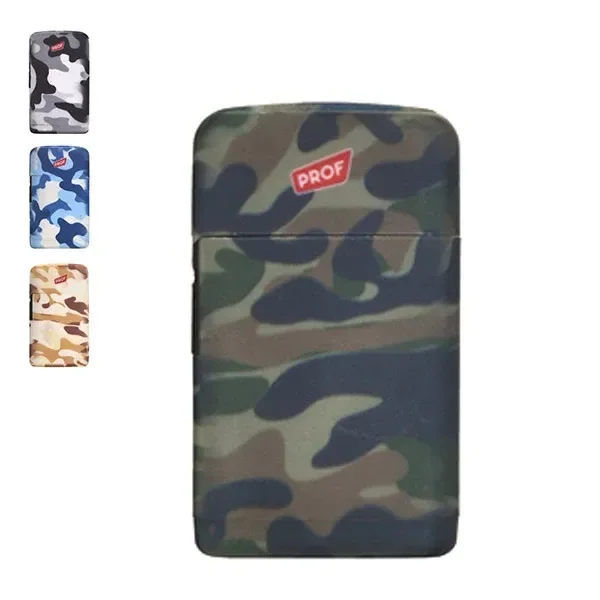 Mechero rectangular cerrado con camuflaje verde y logotipo PROF, junto a variantes de camuflaje gris, azul y arena.