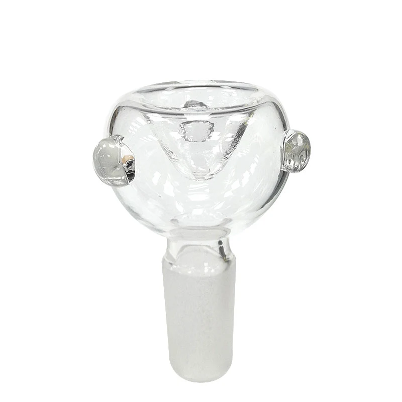 Cazoleta Drops de cristal transparente, con recipiente redondeado, dos salientes laterales y conexión inferior esmerilada sobre fondo blanco.