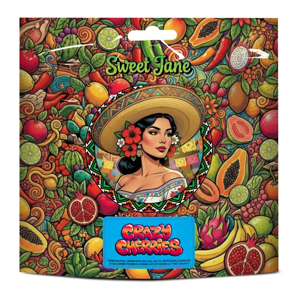 Envase Sweet Jane Crazy Cherries con ilustración de una mujer con sombrero y flores en el pelo, rodeada de frutas de vivos colores.