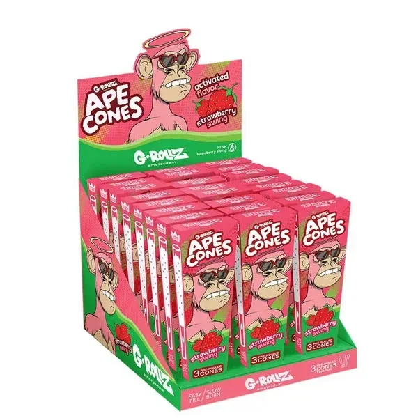 Expositor rosa y verde de conos G-Rollz Ape Cones Strawberry, con varios envases ilustrados con un simio y fresas.