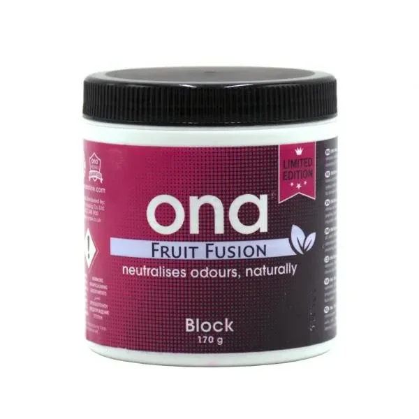 Bote Ona Block Fruit Fusion de 170 g con tapa negra y etiqueta fucsia y negra, con la inscripción «Limited Edition».