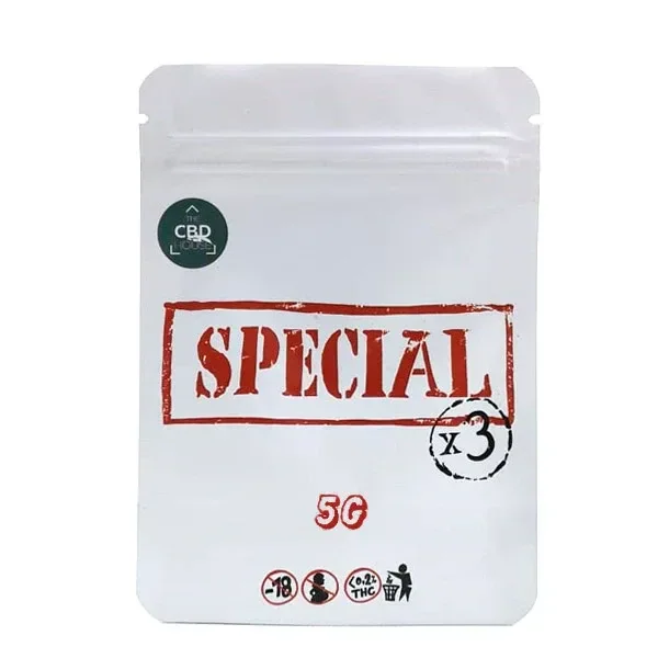 Bolsa blanca con cierre resellable de CBD House Special x3, con el texto «SPECIAL» en rojo y la indicación «5G».