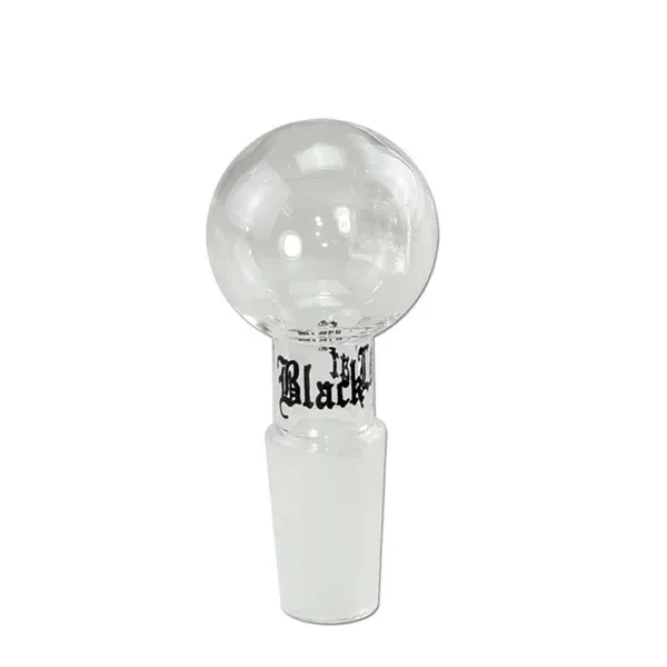 Tapón de cristal transparente para bong, con cabeza esférica, unión inferior esmerilada y letras negras en el cuello, sobre fondo blanco.