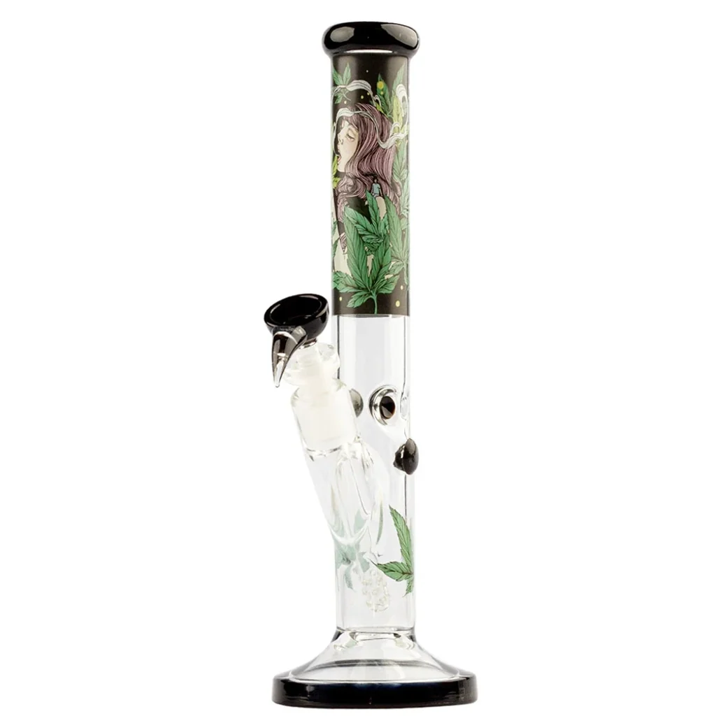 Bong Ice Colossal Dream Black Straight de tubo recto transparente, con bordes negros, cazoleta lateral y dibujos de una mujer y hojas.