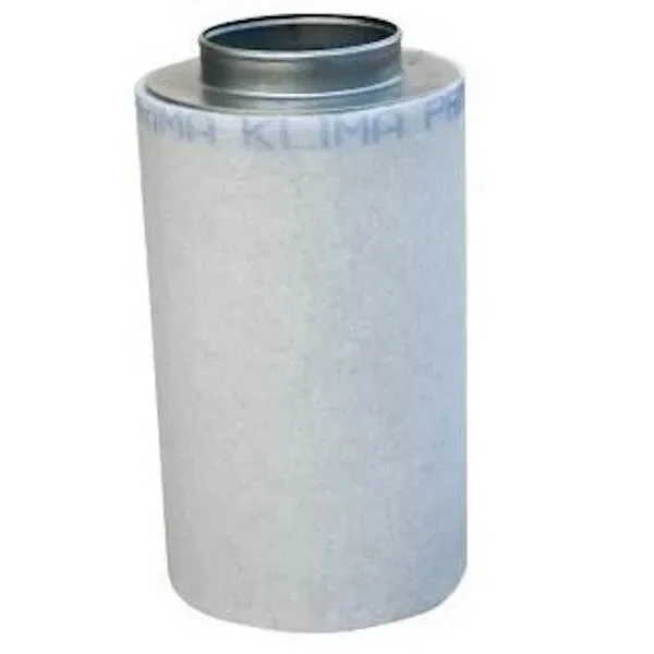 Filtro de carbón Prima Klima Eco Line K2607 cilíndrico, con funda blanca y boca circular metálica en la parte superior.