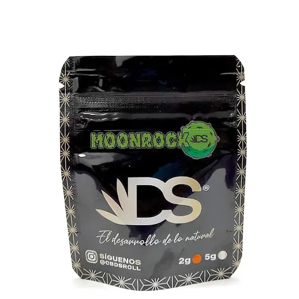 Bolsa negra de Hash Cbdsroll Moonrock con cierre superior, letras verdes, logotipo DS y motivos geométricos en los bordes.
