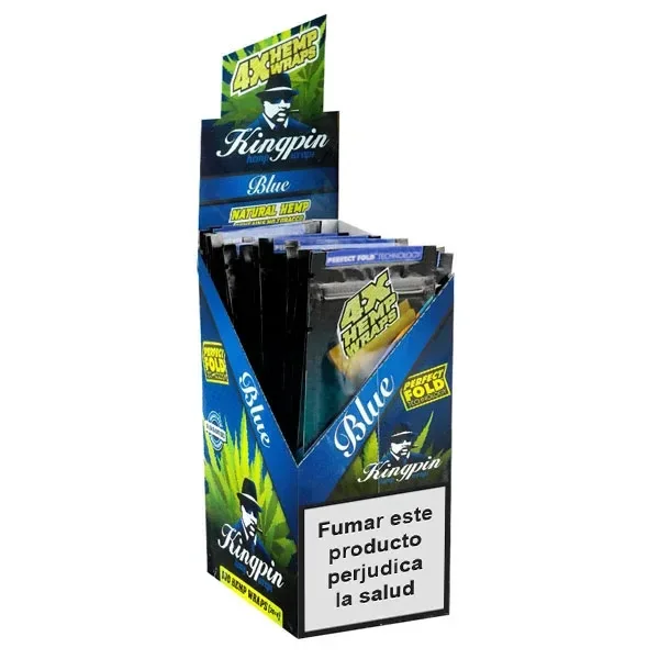 Expositor azul Kingpin Hemp Wraps Blue con varios sobres y una advertencia frontal que indica que fumar este producto perjudica la salud.