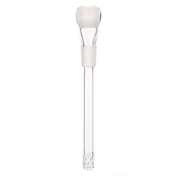 Tubo difusor de cristal transparente para bong, dispuesto verticalmente, con boca ensanchada, unión esmerilada y orificios inferiores.
