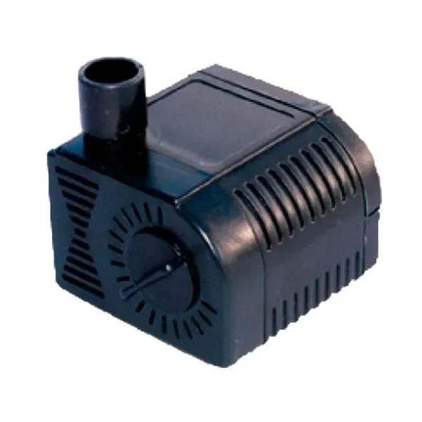 Bomba de agua Magic Pump negra, vista en perspectiva, con salida superior vertical, rejillas laterales y mando circular frontal.