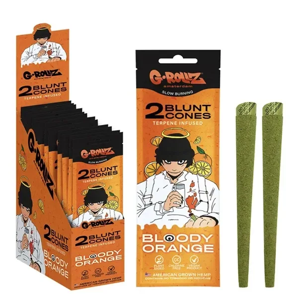 Expositor y sobre naranja de conos G-Rollz Bloody Orange, junto a conos verdes con boquilla, sobre fondo blanco.