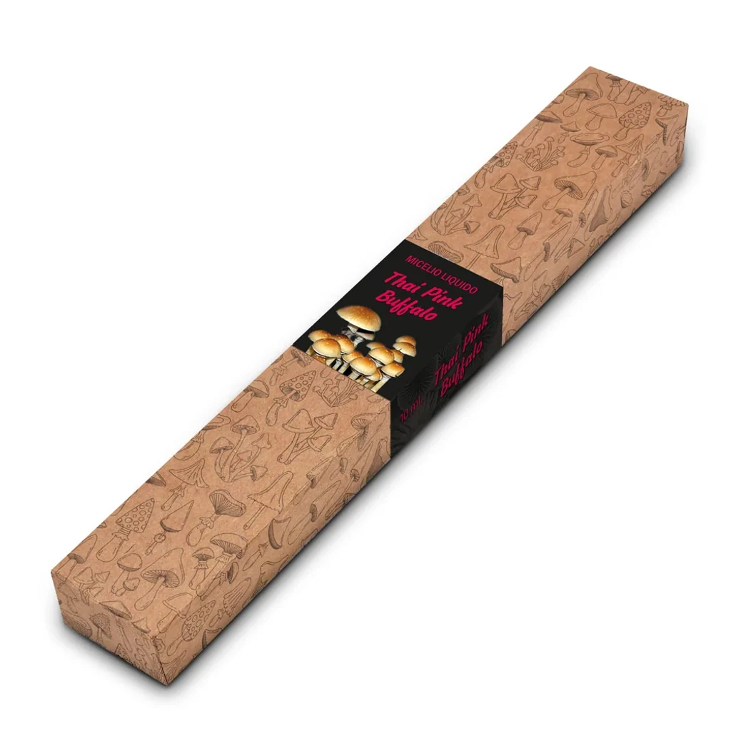 Caja alargada de micelio líquido Thai Pink Bufalo, dispuesta en diagonal, con dibujos de setas y una etiqueta negra con letras rosas.