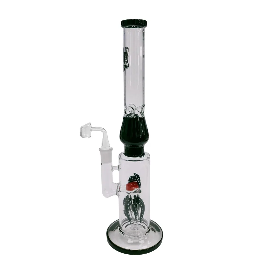 Bong de cristal Octopus con tubo alto, detalles verde oscuro, base circular y accesorio lateral curvado; figura de pulpo en la cámara inferior.