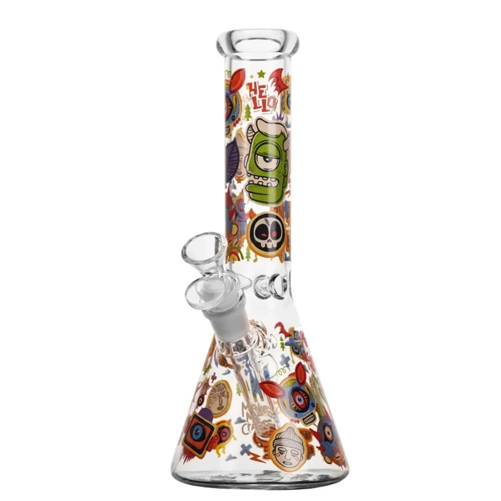 Bong transparente Ice Monsters con base cónica, tubo recto decorado con monstruos de colores y cazoleta lateral.