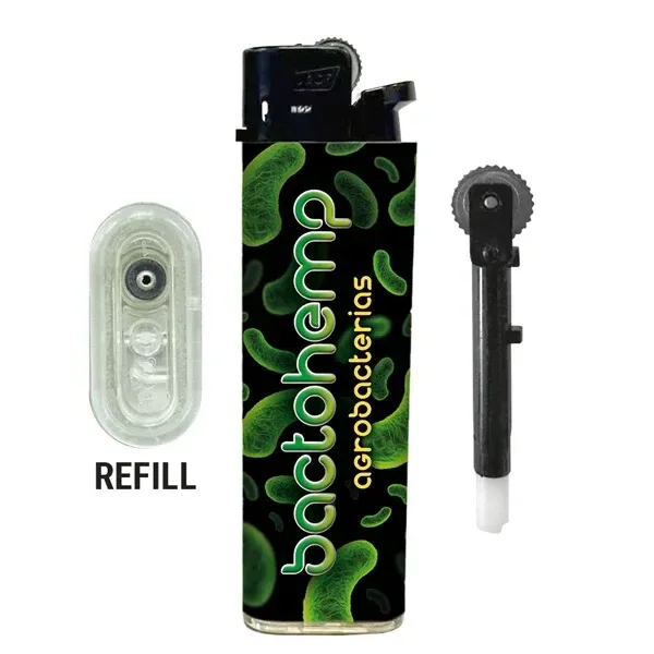 Mechero Bactohemp Agrobacterias negro con motivos verdes, acompañado de una vista de la base de recarga y el mecanismo extraído.