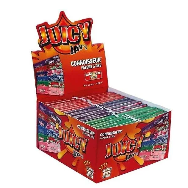 Expositor rojo Juicy Jay's con librillos de papel y tips en varios colores, y rótulos Connoisseur y King Size Slim.