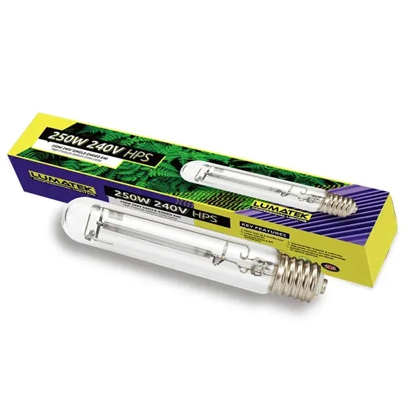 Bombilla tubular HPS Lumatek con casquillo roscado, delante de su caja amarilla y morada rotulada «250W 240V HPS».