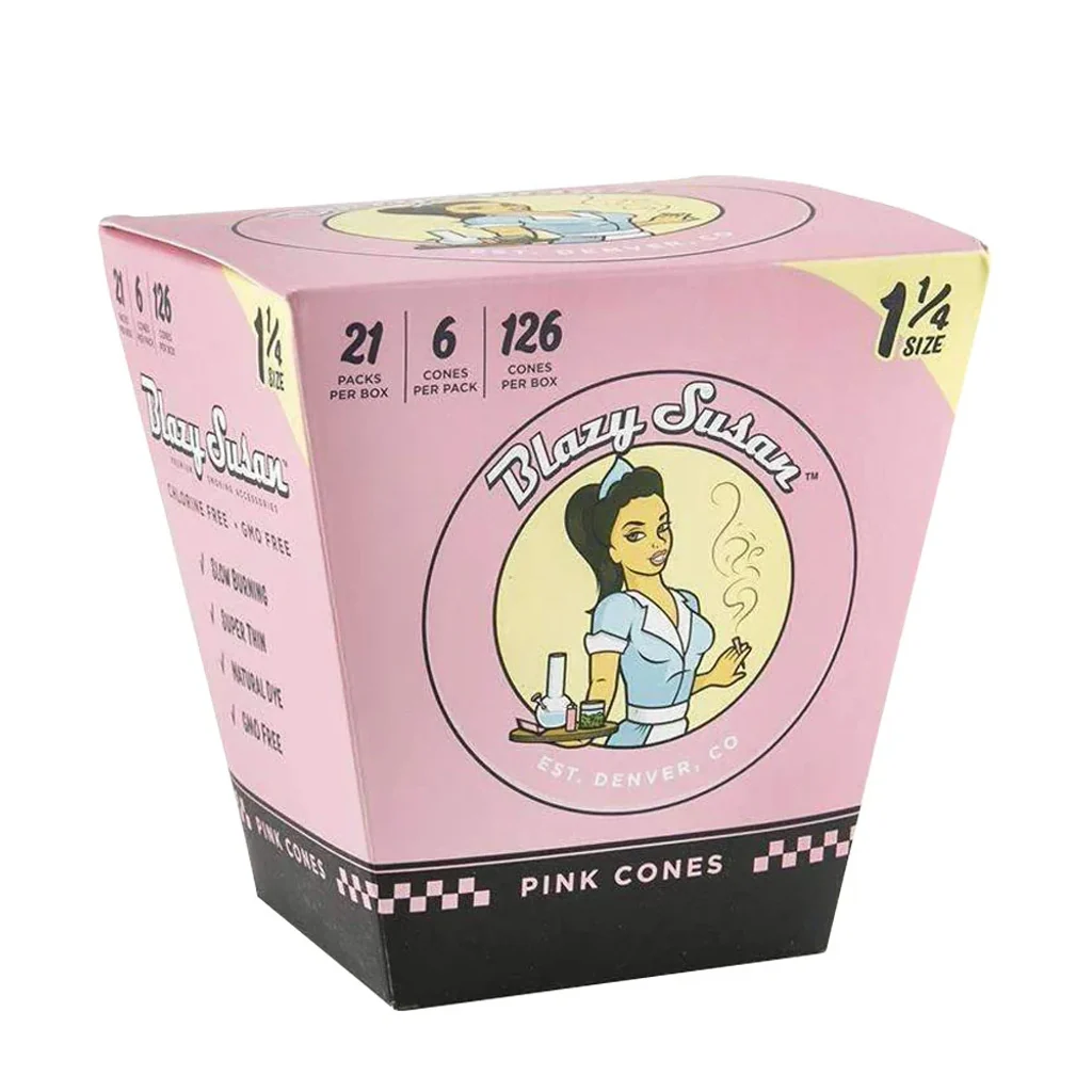 Caja rosa de conos Blazy Susan Pink de tamaño 1 ¼, con ilustración de una mujer y franja negra inferior con cuadros rosas.