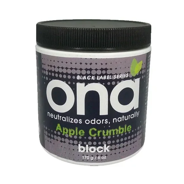 Bote de Ona Block Apple Crumble de 170 g, con tapa negra estriada y etiqueta gris y negra con letras blancas y verdes.