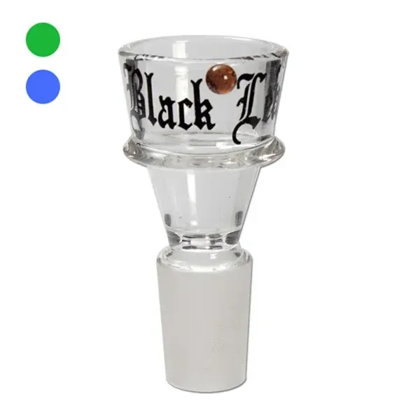 Cazoleta de cristal transparente Ring, con boca ancha, aro central, conexión esmerilada y letras negras en el borde superior.