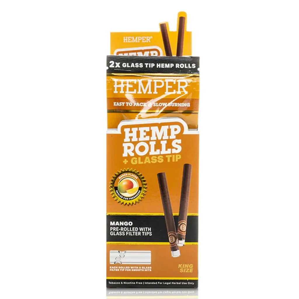 Envase naranja Hemper Hemp Rolls Mango con texto Glass Tip y King Size, e ilustraciones de conos marrones con boquillas de vidrio.