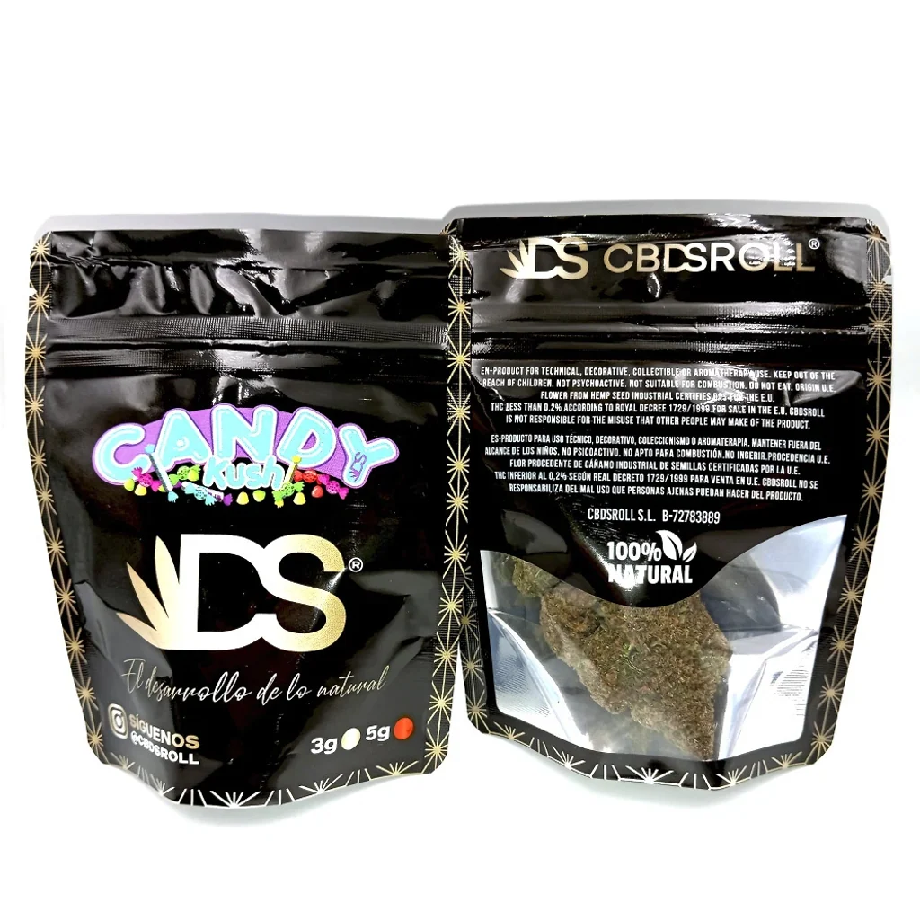 Dos vistas de la bolsa negra CBDSROLL Candy Kush: frontal con letras de colores y reverso con una flor visible por la ventana.