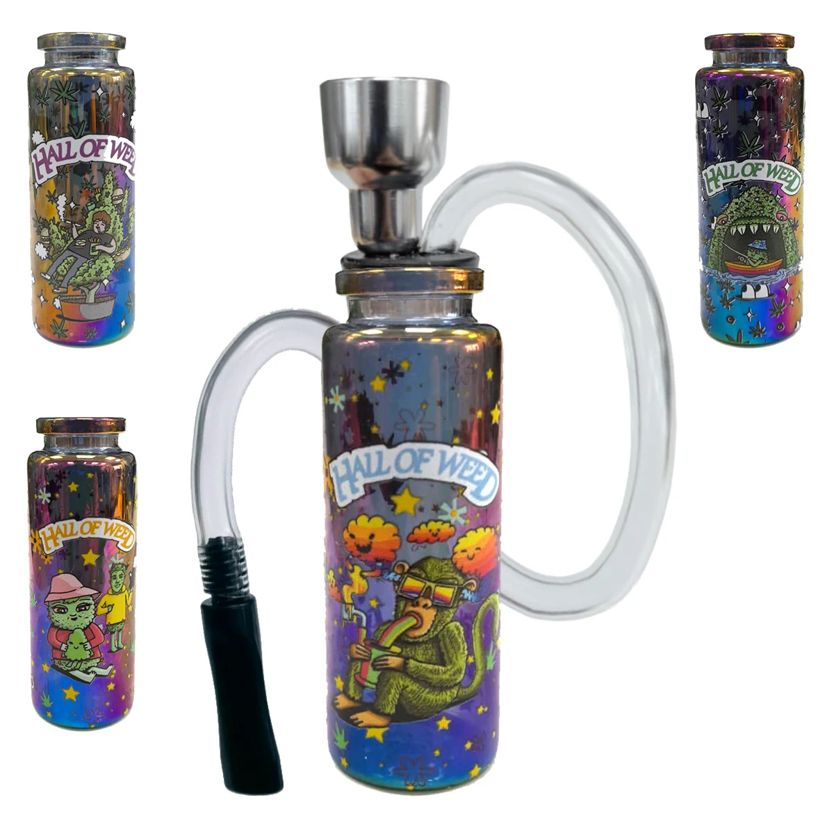 Pipa de botella con acabado multicolor, cazoleta metálica y tubo transparente, junto a tres variantes de dibujos decorativos.