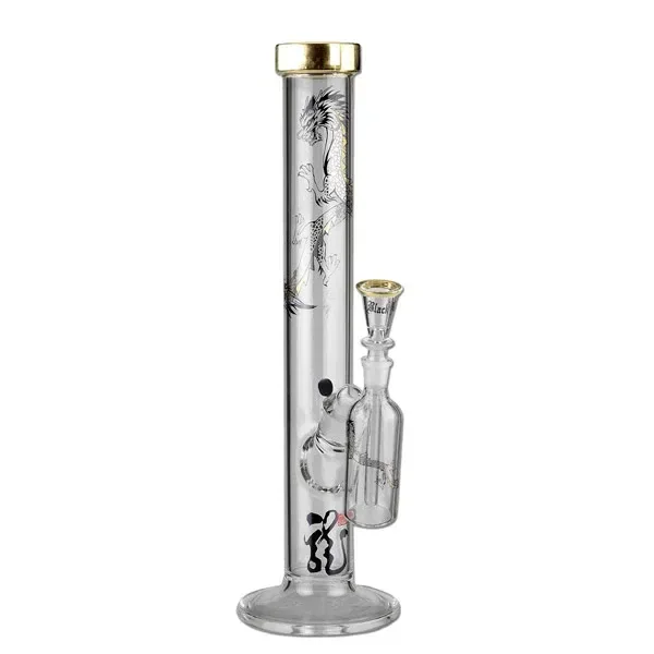 Bong transparente Ice Dragon de tubo recto y base circular, con dibujo de dragón, borde dorado y conjunto lateral con cazoleta.