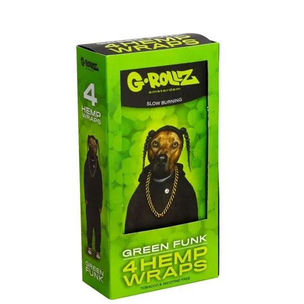Caja verde G-Rollz Green Funk con el texto «4 Hemp Wraps» y un perro ilustrado con trenzas, camiseta negra y cadena dorada.