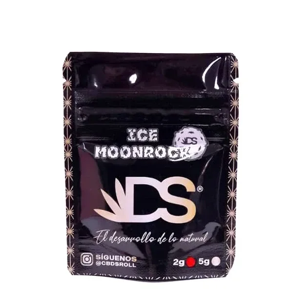 Bolsa negra de Hash Cbdsroll Ice Moonrock con cierre superior, letras claras, logotipo central y marcas de 2 g y 5 g.