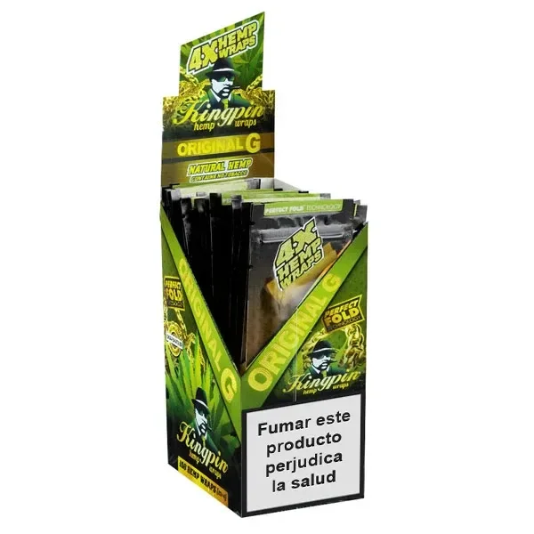 Expositor verde y negro de Kingpin Hemp Wraps Original con sobres individuales y la advertencia «Fumar este producto perjudica la salud». Expositor verde y negro de Kingpin Hemp Wraps Original con sobres individuales y la advertencia «Fumar este producto perjudica la salud».