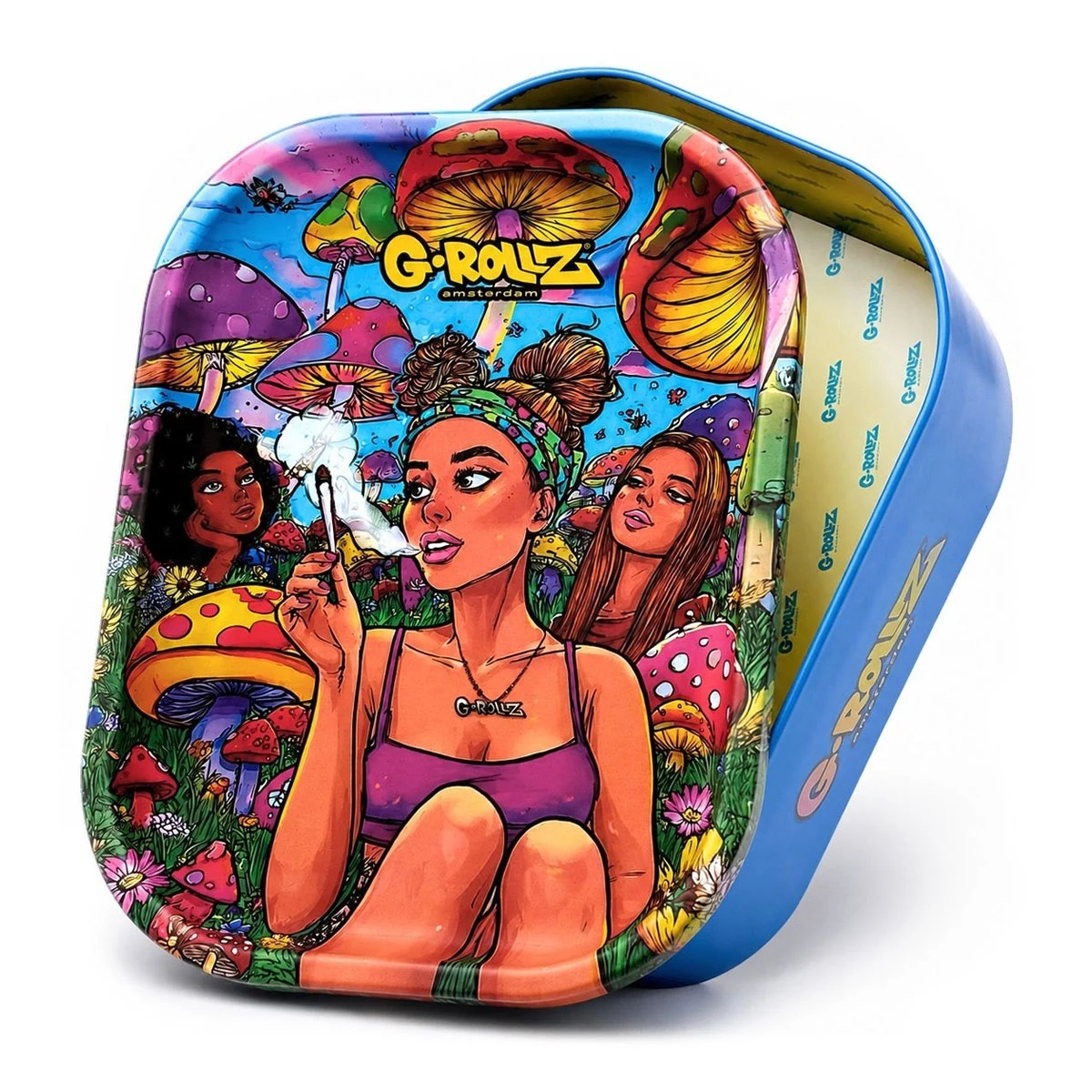Bandeja y caja Day Dream de G-Rollz con bordes azules y una ilustración multicolor de mujeres entre setas sobre fondo blanco.