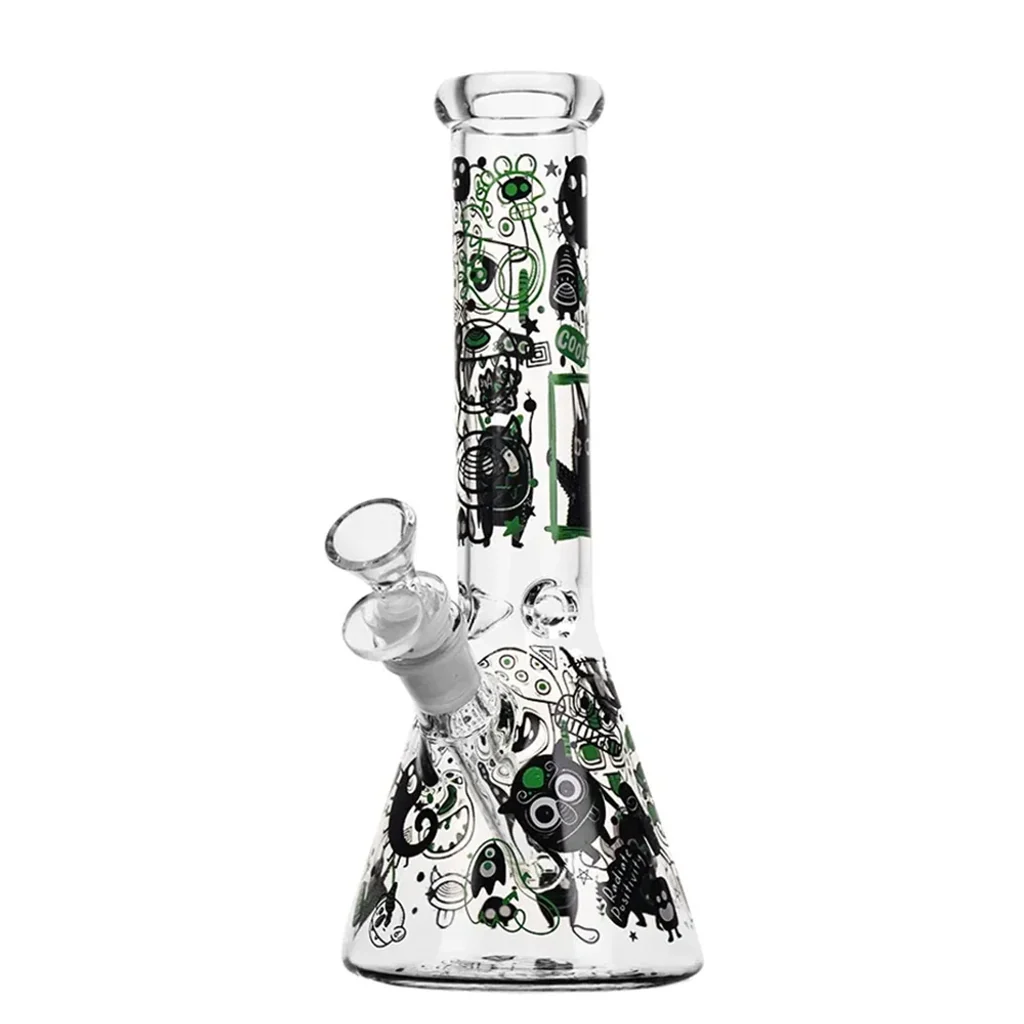 Bong de cristal transparente Ice Shadows Dream, con base cónica, cuello largo, cazoleta lateral y dibujos negros y verdes.