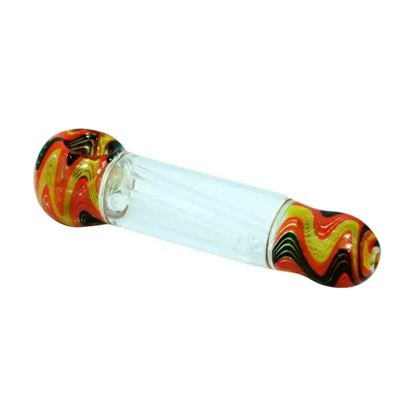 Percolador Portable Water Pipe con cuerpo transparente y extremos redondeados con ondas rojas, amarillas y negras sobre fondo blanco.