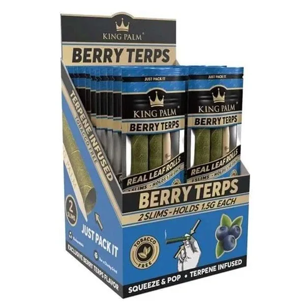 Expositor azul King Palm Berry Terps con sobres de dos Slim Rolls, ventanas que muestran los conos verdes y un dibujo de bayas.