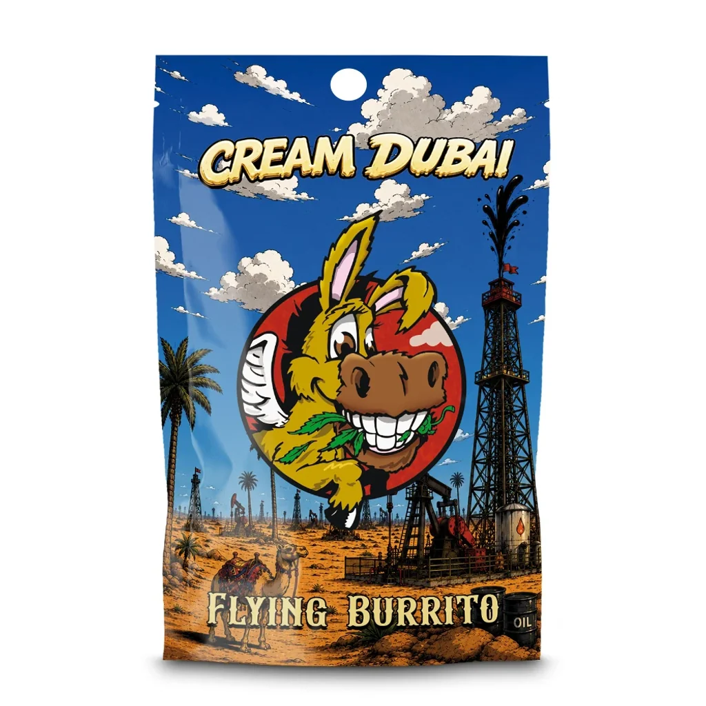 Envase de Cream Dubai Flying Burrito con un burro sonriente ilustrado, torres petrolíferas y paisaje desértico bajo un cielo azul.