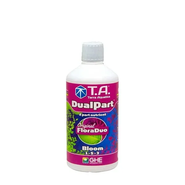 Botella blanca de DualPart Bloom Terra Aquatica con tapón estriado y etiqueta magenta, azul y verde con la inscripción 1-5-3. Botella blanca de DualPart Bloom Terra Aquatica con tapón estriado y etiqueta magenta, azul y verde con la inscripción 1-5-3.